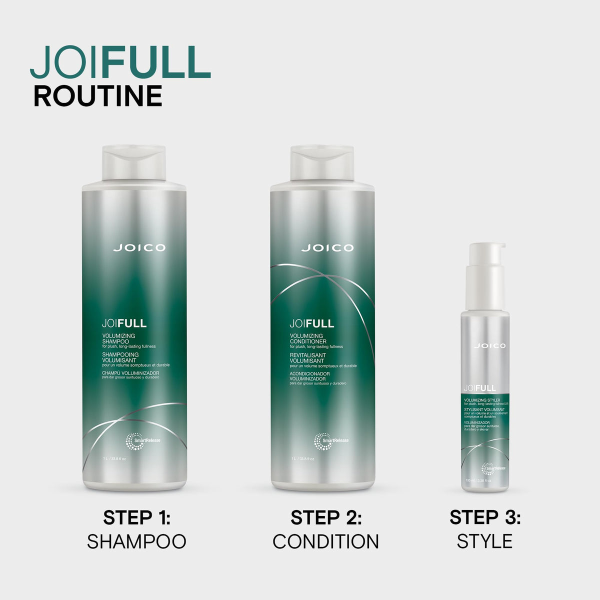 Joico JoiFULL on bathroom shelf styled with tools to show everyday styling convenience
