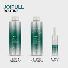 Joico JoiFULL on bathroom shelf styled with tools to show everyday styling convenience