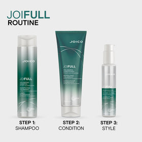Joico JoiFULL conditioner on bathroom shelf suggesting fuller styled hair