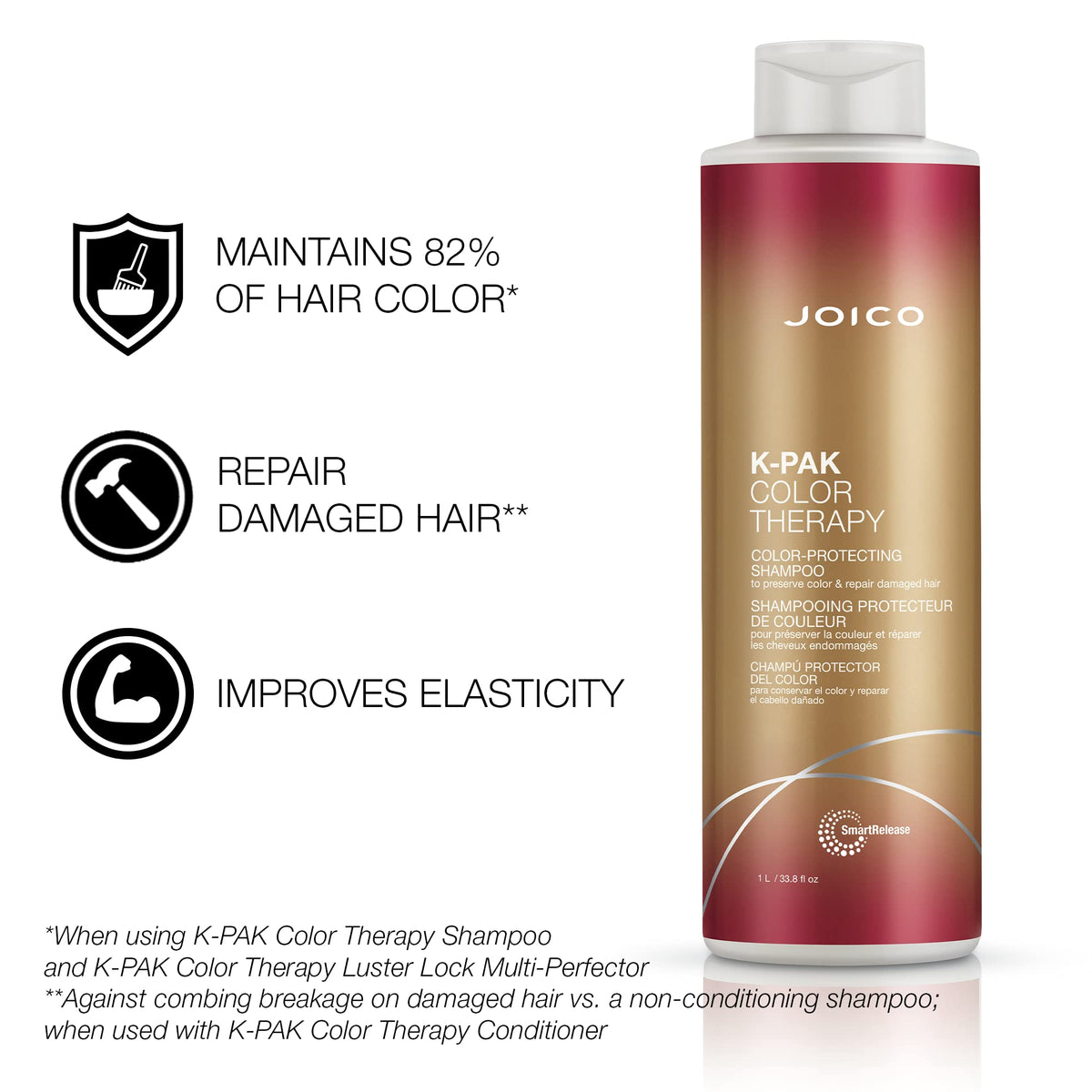 Joico K-PAK conditioner bottle close-up emphasizing smoothing benefits and nourishment