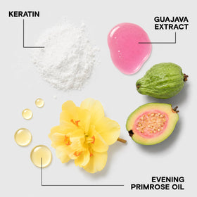 Joico K-PAK ingredient display with keratin and evening primrose oil, showing restorative benefit
