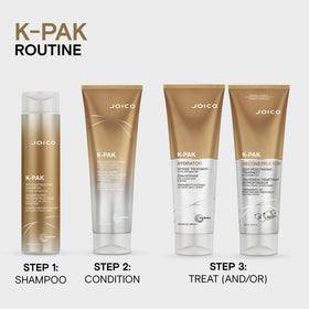 Joico K-PAK bottle on bathroom shelf lifestyle scene conveying salon-quality routine