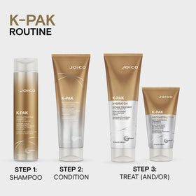 Joico K-PAK on bathroom shelf in lifestyle setting conveying salon-quality home treatment