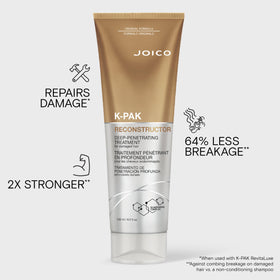 Hands applying Joico K-PAK Reconstructor to damp hair demonstrating easy five-minute use