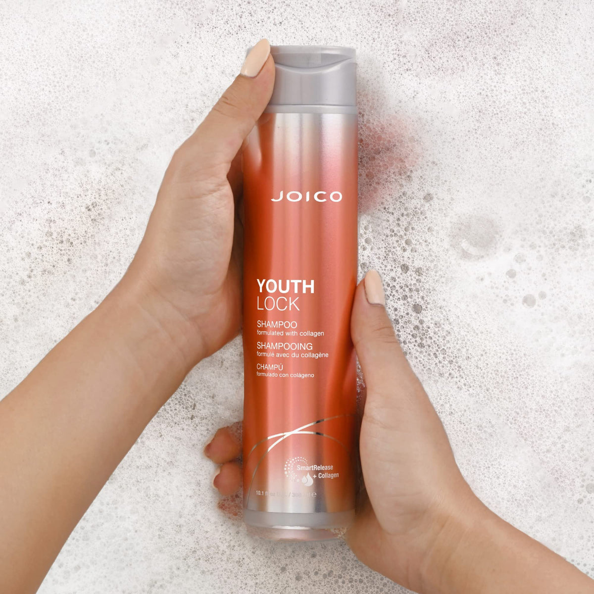 Joico bottle staged in bathroom lifestyle suggesting salon-quality home care