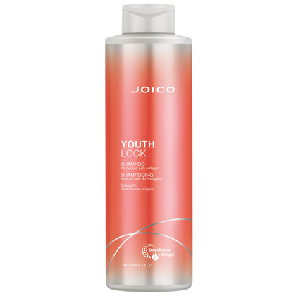 Joico YouthLock shampoo front packaging showing large 33.8 fl oz bottle and benefit callouts
