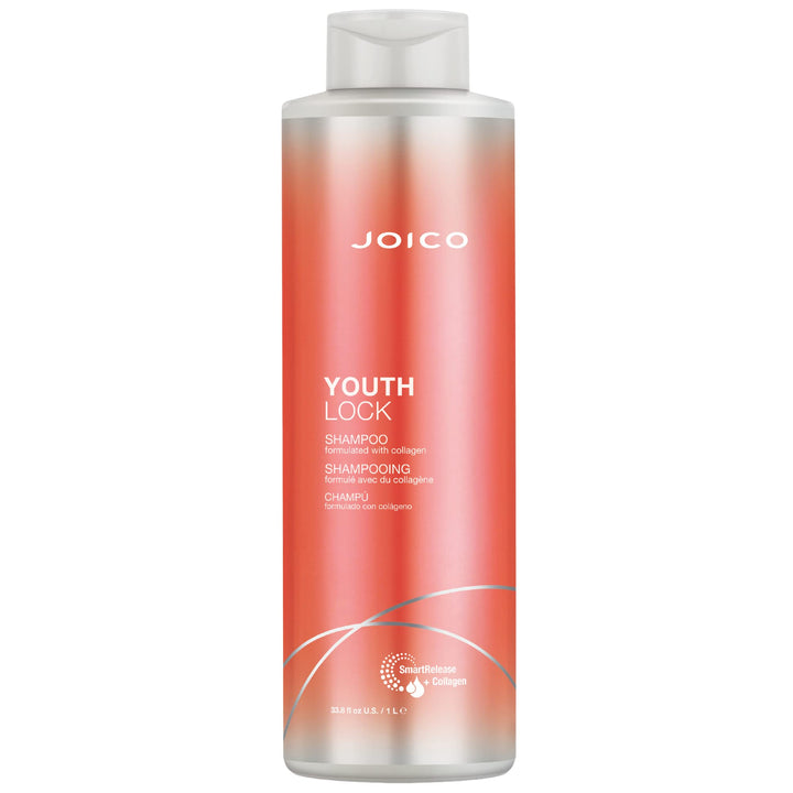 Joico YouthLock shampoo front packaging showing large 33.8 fl oz bottle and benefit callouts