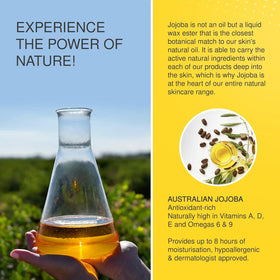 Jojoba close-up oil drop on skin highlighting silky texture and fast absorption