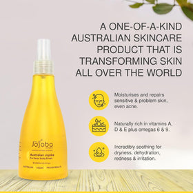 Jojoba dispense pump releasing oil emphasizing easy controlled application