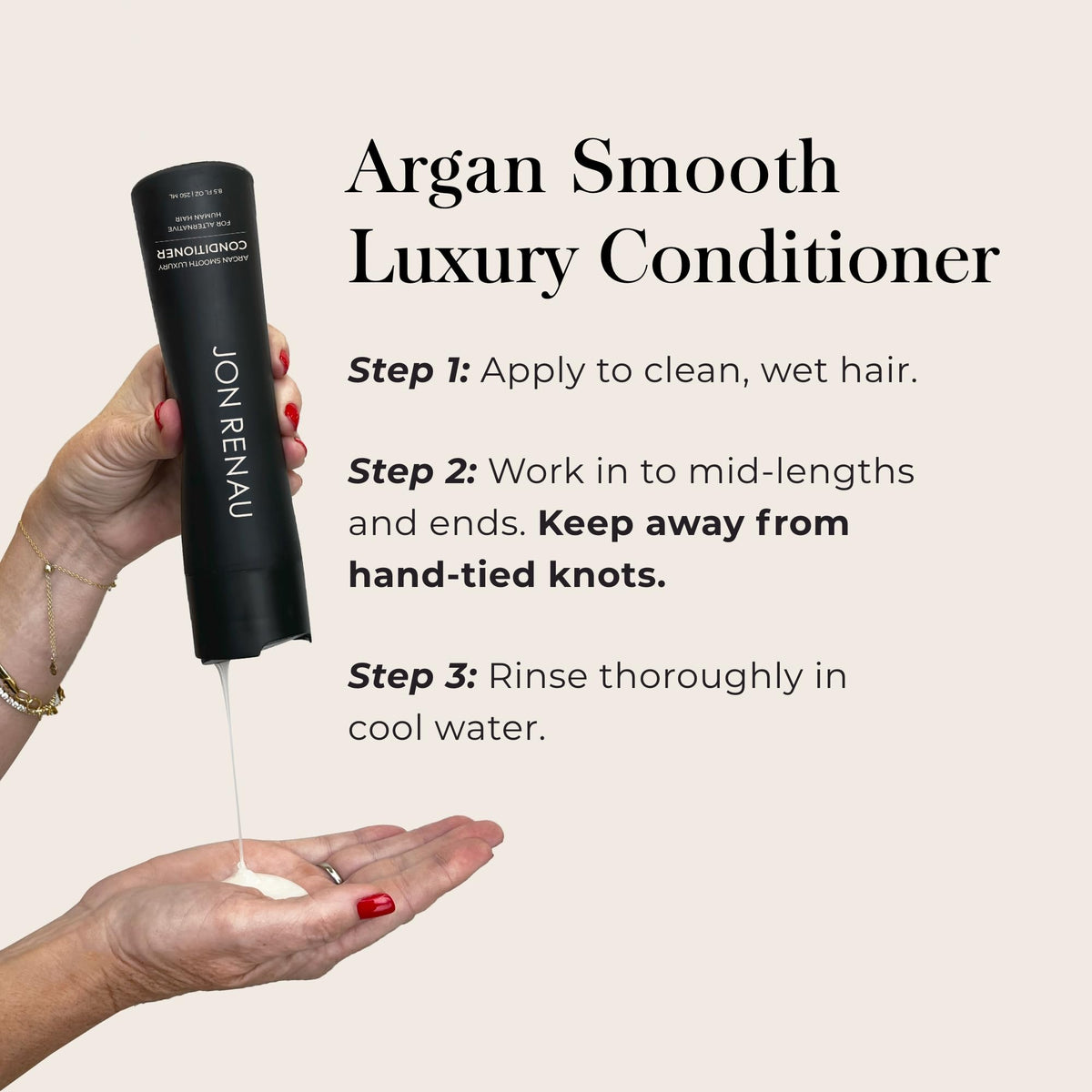 Jon Renau conditioner applied to a human hair wig demonstrating detangling and gentle care