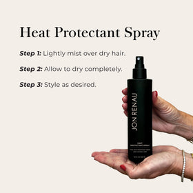 Jon Renau spray being applied to a wig showing safer heat styling prep