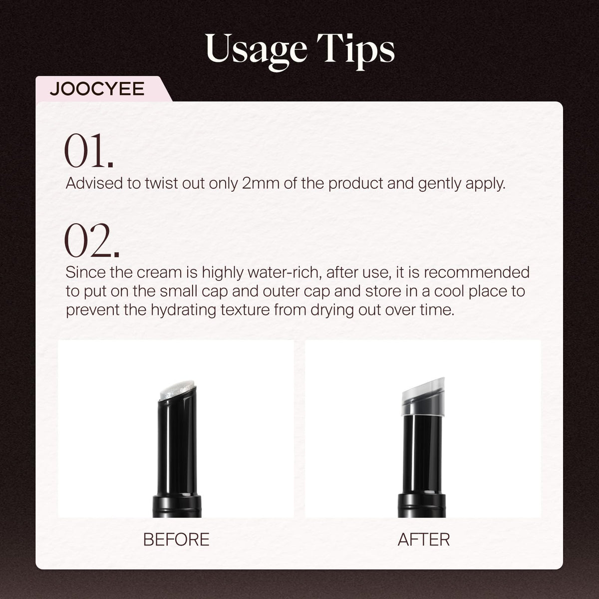 Joocyee packaging label close-up showing shade name and product information benefit