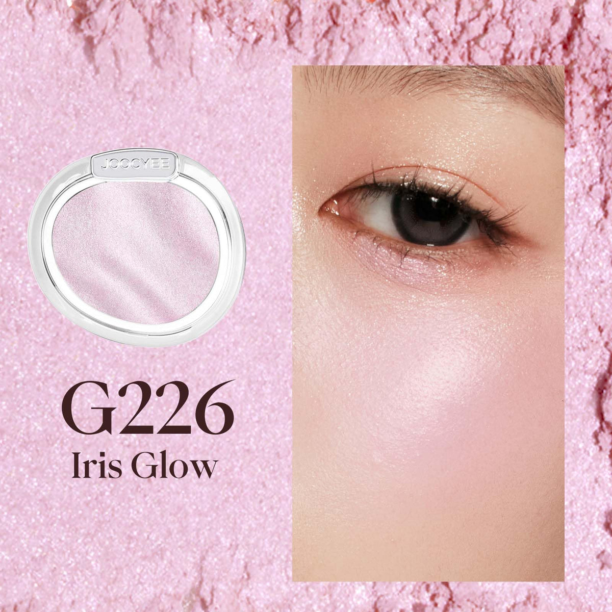 Joocyee Iris Glow close-up of micro-milled texture highlighting pearl particles and smooth payoff