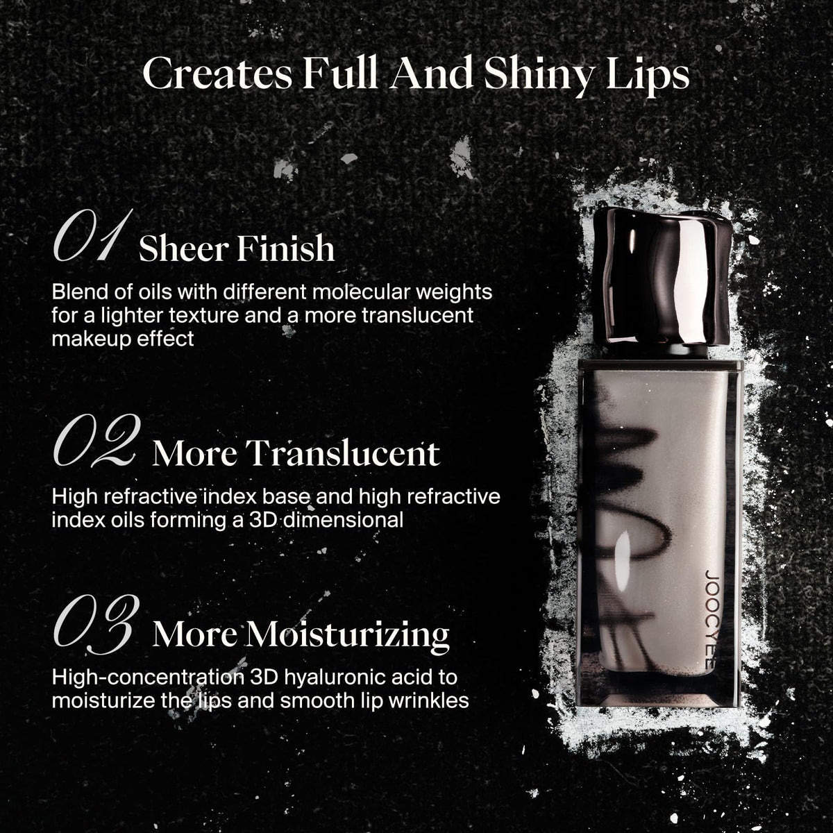 Joocyee gloss layered over lipstick adding reflective shine and depth