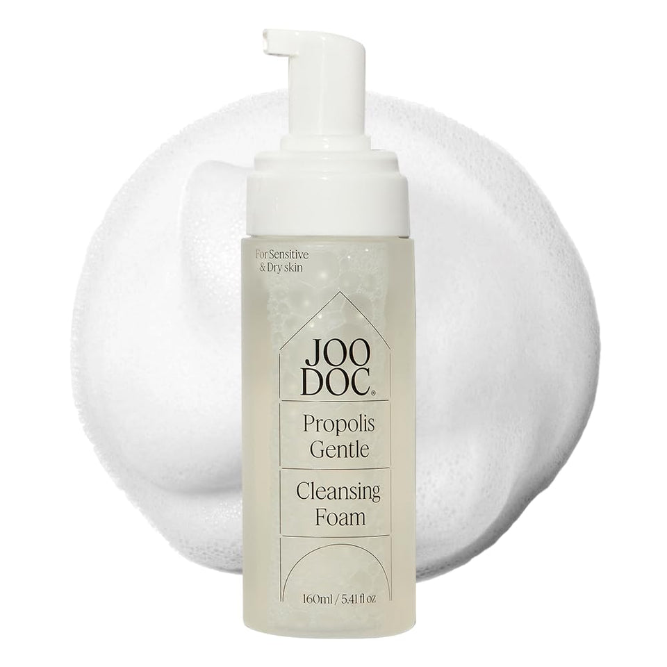 JOODOC front packaging of the propolis gentle cleansing foam showing 160ml bottle benefit of clear product identity
