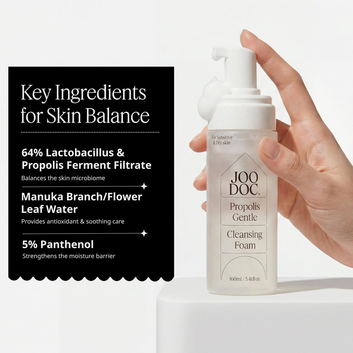 JOODOC bottle staged in bathroom routine conveying daily-use convenience and gentle cleansing