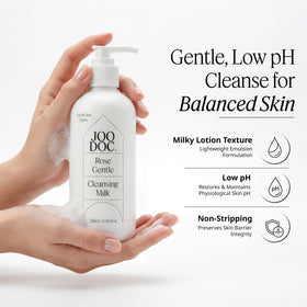 JOODOC pump dispensing cleansing milk into hand showing controlled use and hygiene benefit