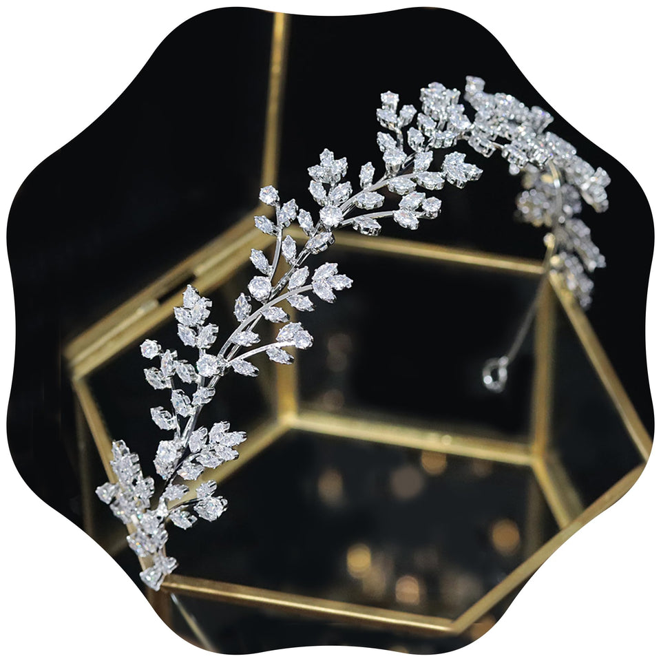 Jorsnovs tiara front view showing elegant full sparkle benefit: bridal-ready shine