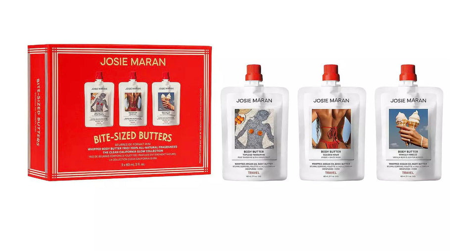 Josie Maran front packaging showing three mini jar trio and gift-ready presentation for variety