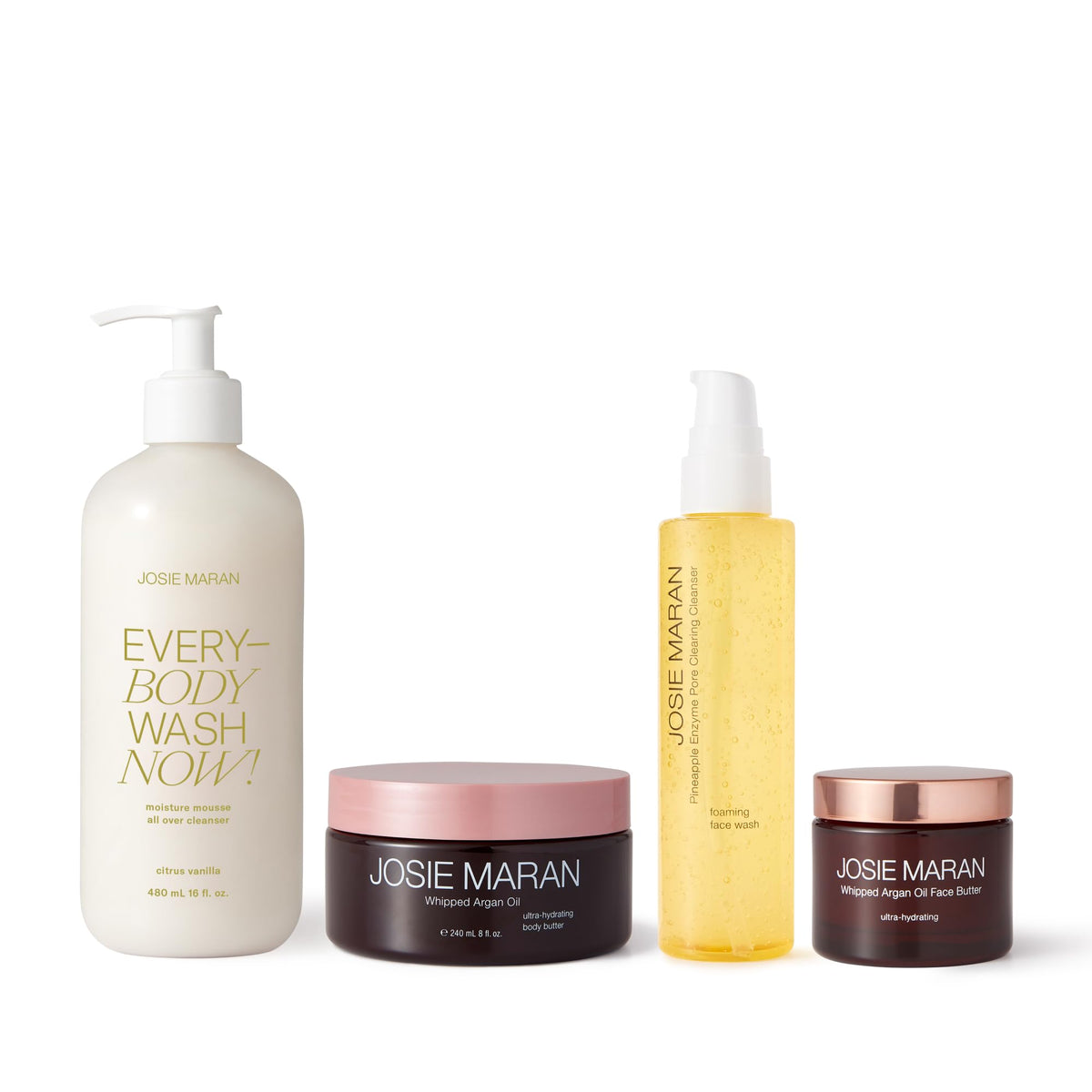 Josie Maran product packaging front display showing complete set benefits