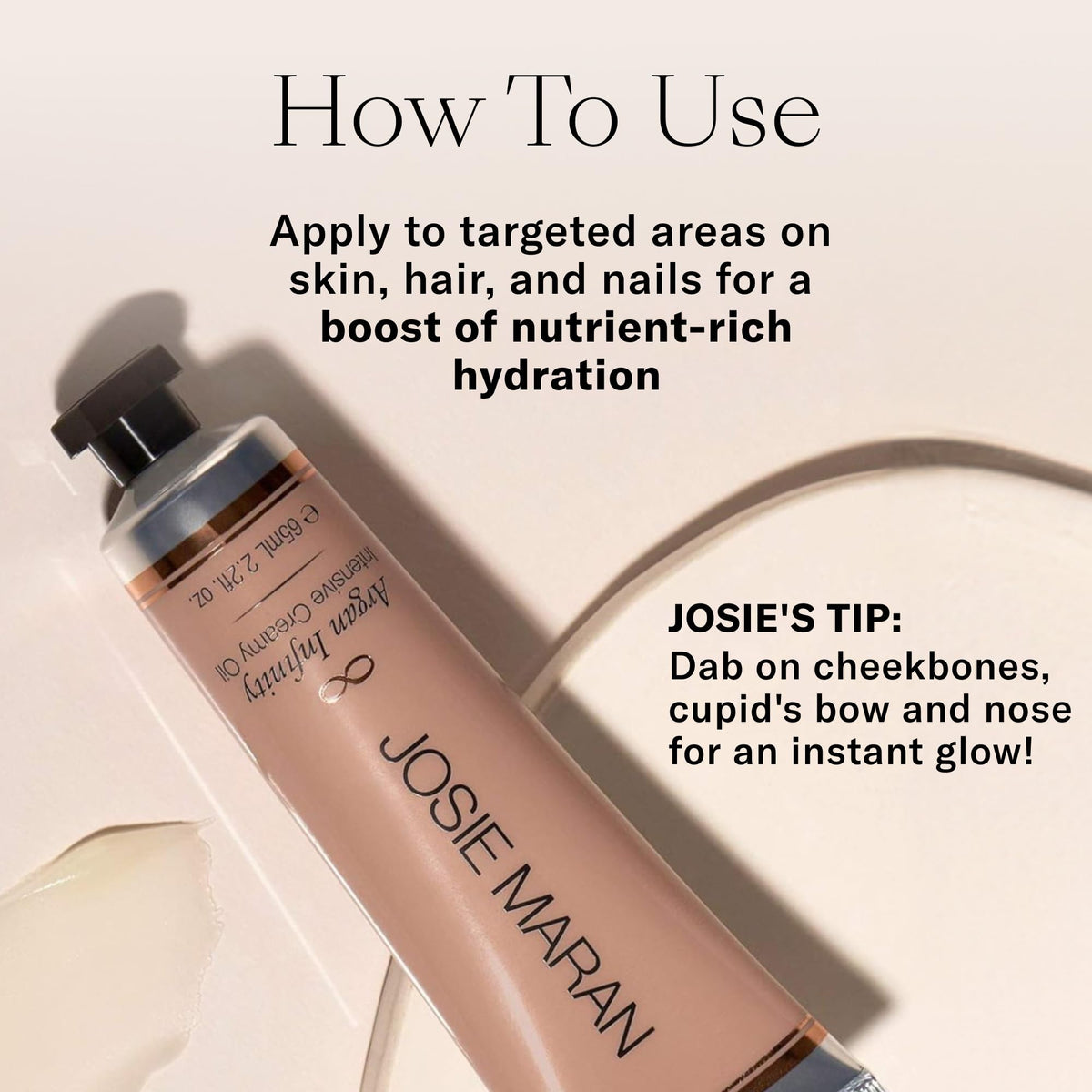 Josie Maran smoothing hair ends to reduce frizz and add shine
