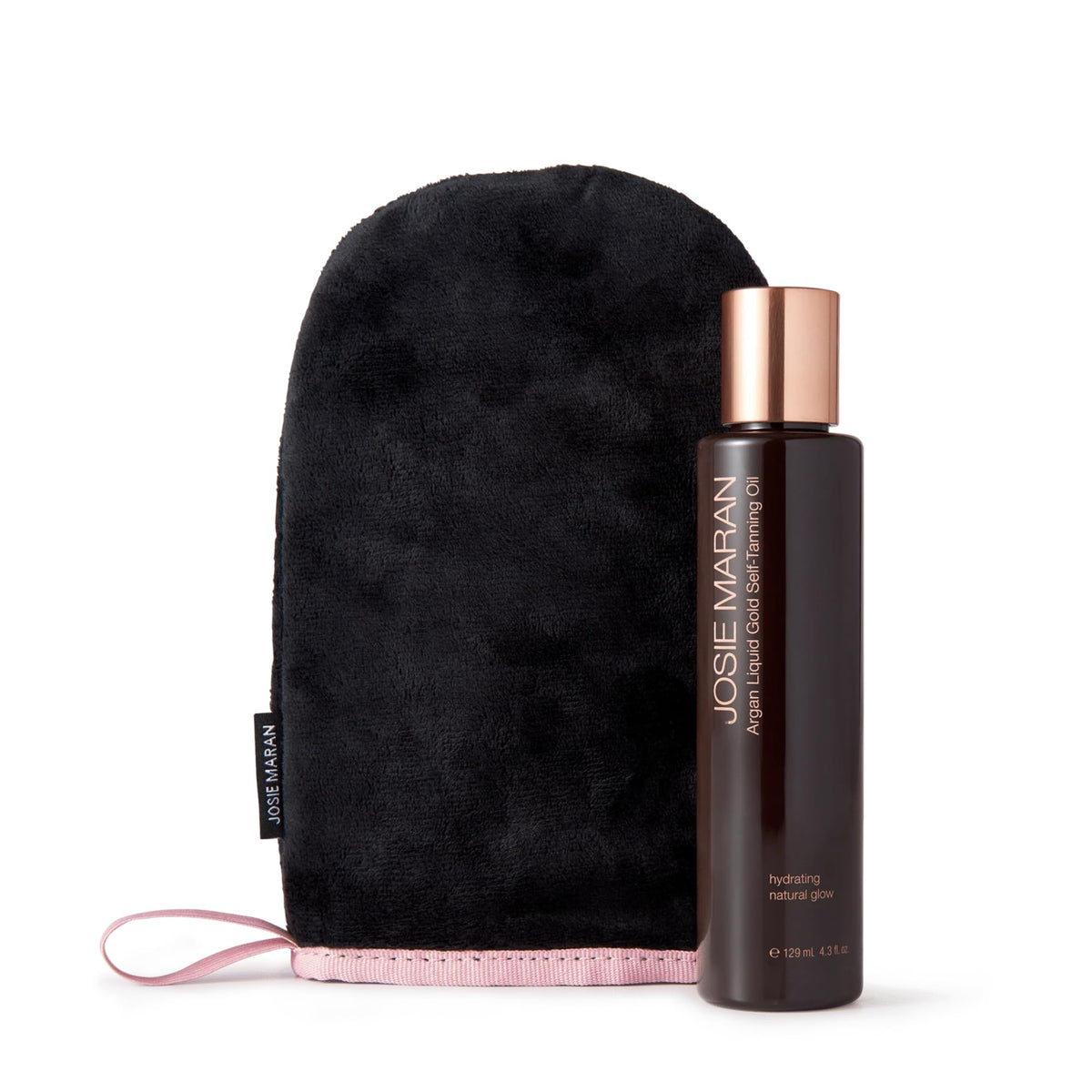 josie maran bottle front packaging showing product and benefit of hydrating tan