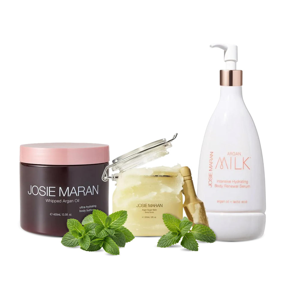 Josie Maran front packaging of peppermint twist body set showing contents and scent benefits