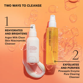 josie maran cleanser styled on bathroom shelf suggesting routine-friendly product