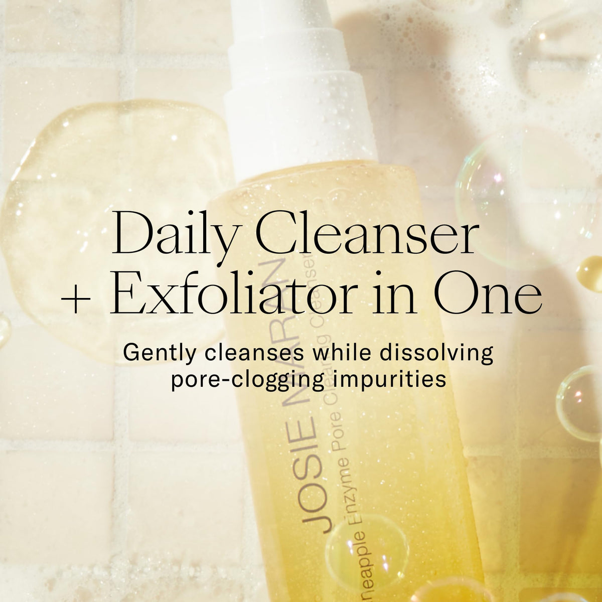 josie maran cleanser pump and label highlighting product identity and ease of use
