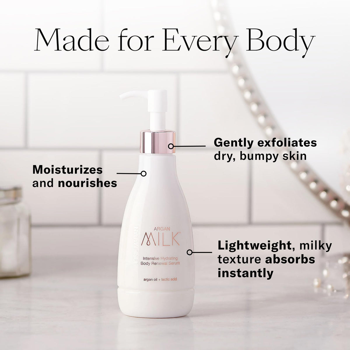 Josie Maran product size next to hand illustrating travel-friendly portion benefit