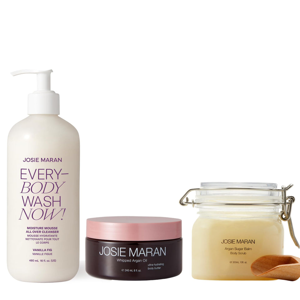 Josie Maran trio front packaging showing kit and gift-ready presentation and benefits