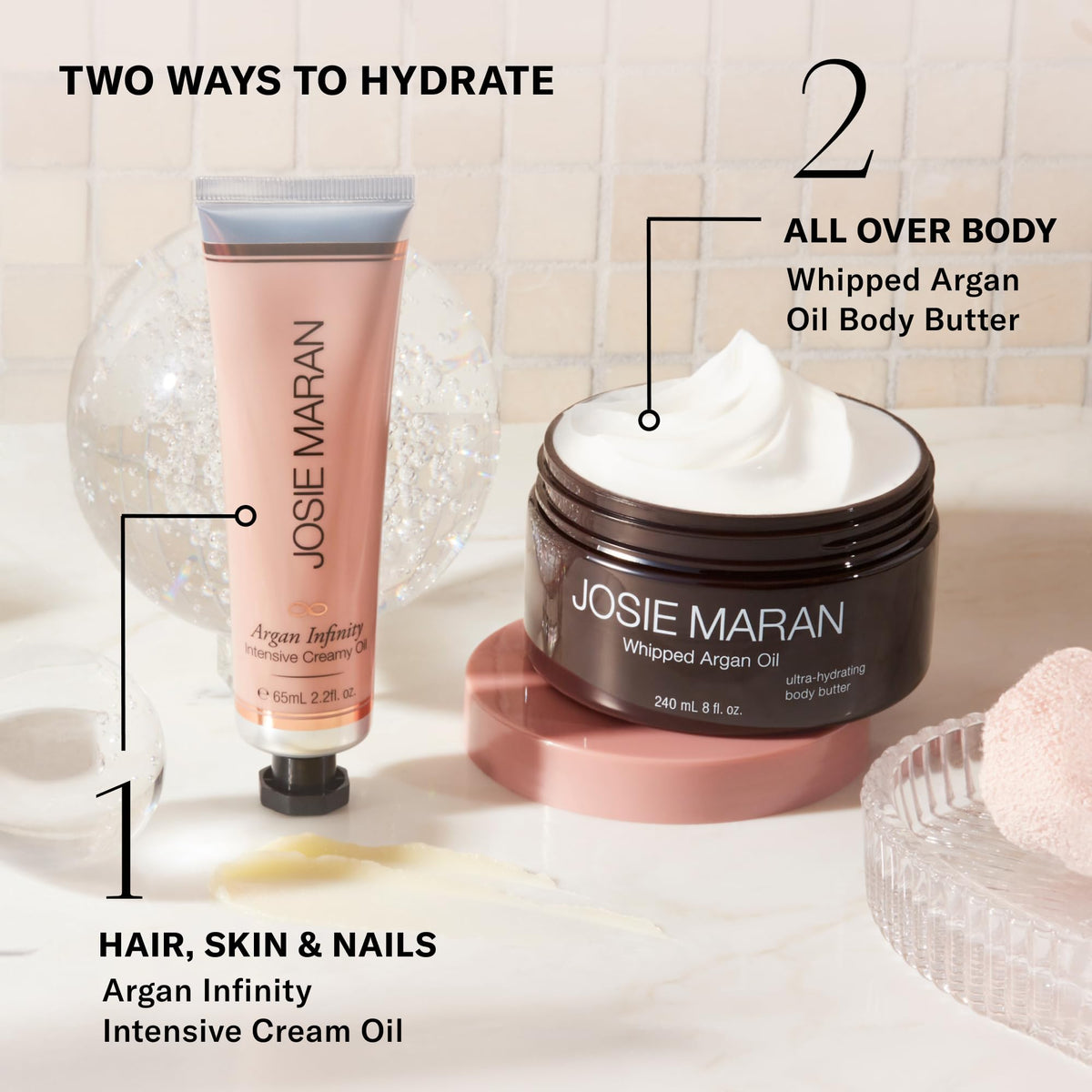 Josie Maran on bathroom vanity showing daily routine convenience and ritual