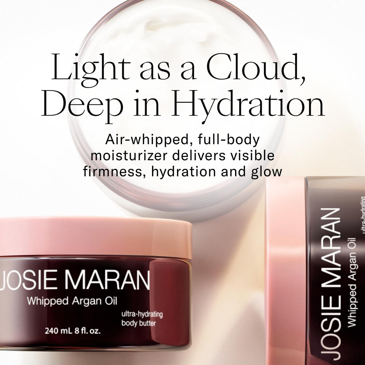 Josie Maran whipped body butter open jar showing airy texture for fast absorption