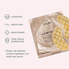Jouer patches applied under eye on model demonstrating reduced puffiness effect
