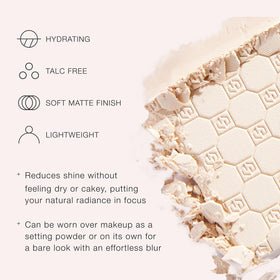 Jouer close-up of powder finish on skin showing matte, blurred pores benefit