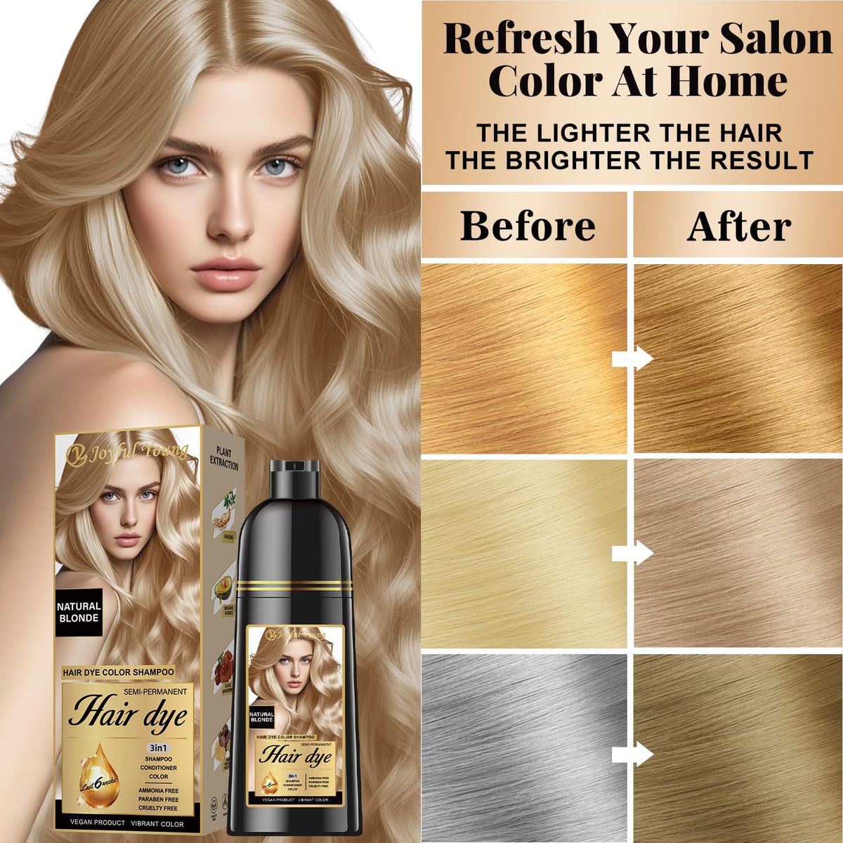 Joyful Young being applied to dry hair demonstrating easy at-home application