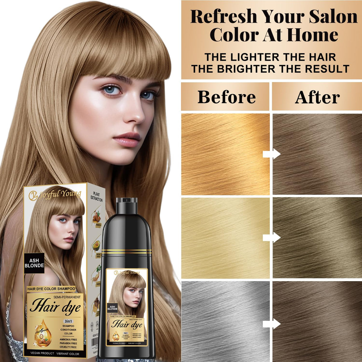 Joyful Young shampoo lather on hair demonstrating easy toning