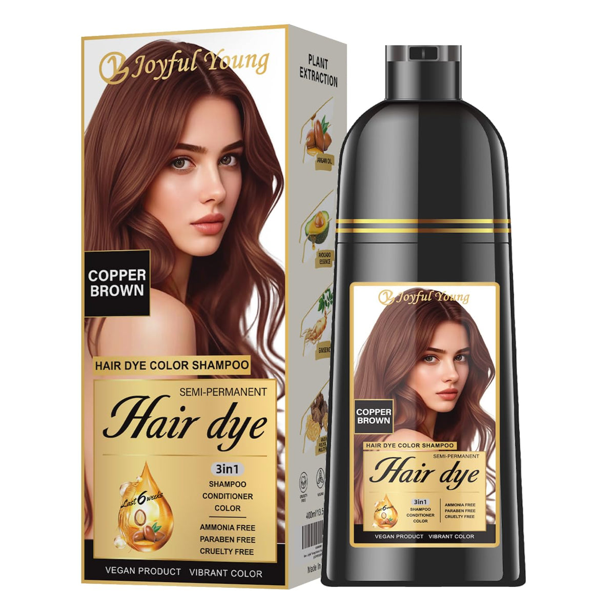 Joyful Young front packaging showing bottle and copper brown shade benefit