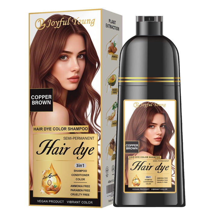 Joyful Young front packaging showing bottle and copper brown shade benefit