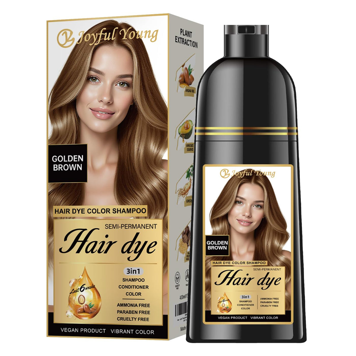 Joyful Young front bottle showing golden brown shade and packaging benefit
