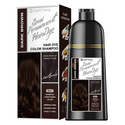 Joyful Young front packaging showing dark brown shampoo benefits