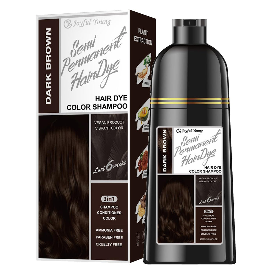 Joyful Young front packaging showing dark brown shampoo benefits