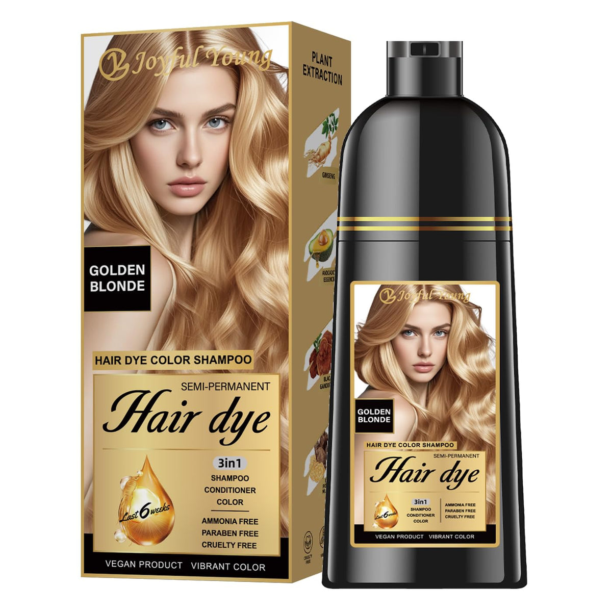 Joyful Young front packaging showing golden-blonde shampoo benefits