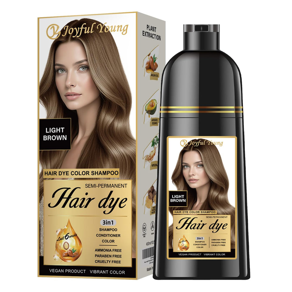 Joyful Young front packaging showing light brown shampoo and benefits