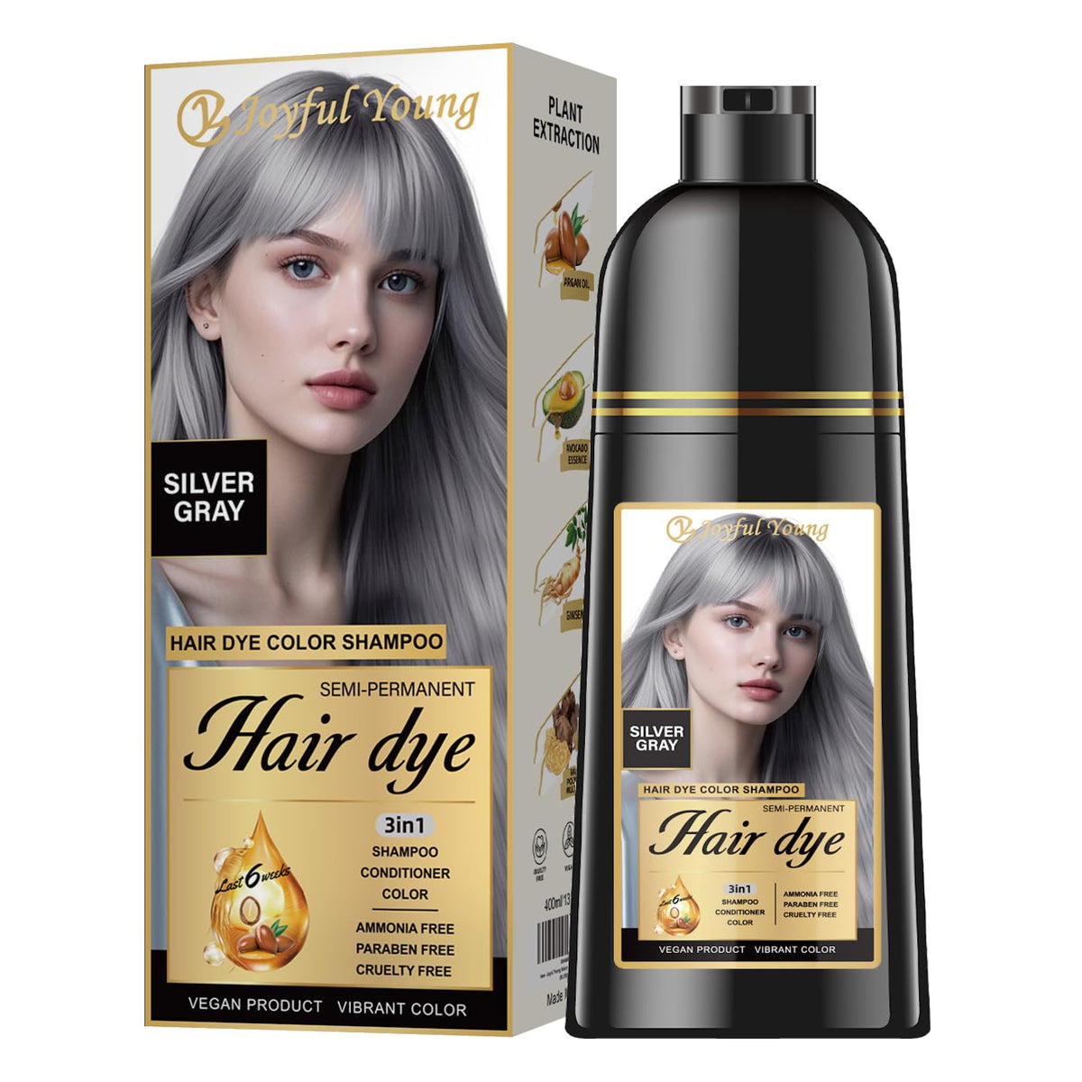 Joyful Young front packaging showing silver-gray shampoo and clear benefit