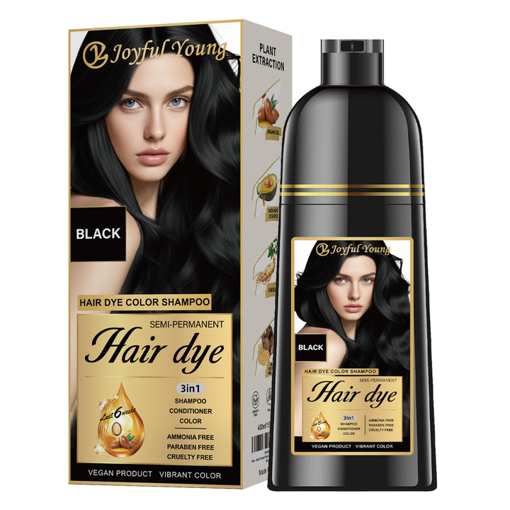 Joyful Young front packaging showing black shampoo bottle and label benefit
