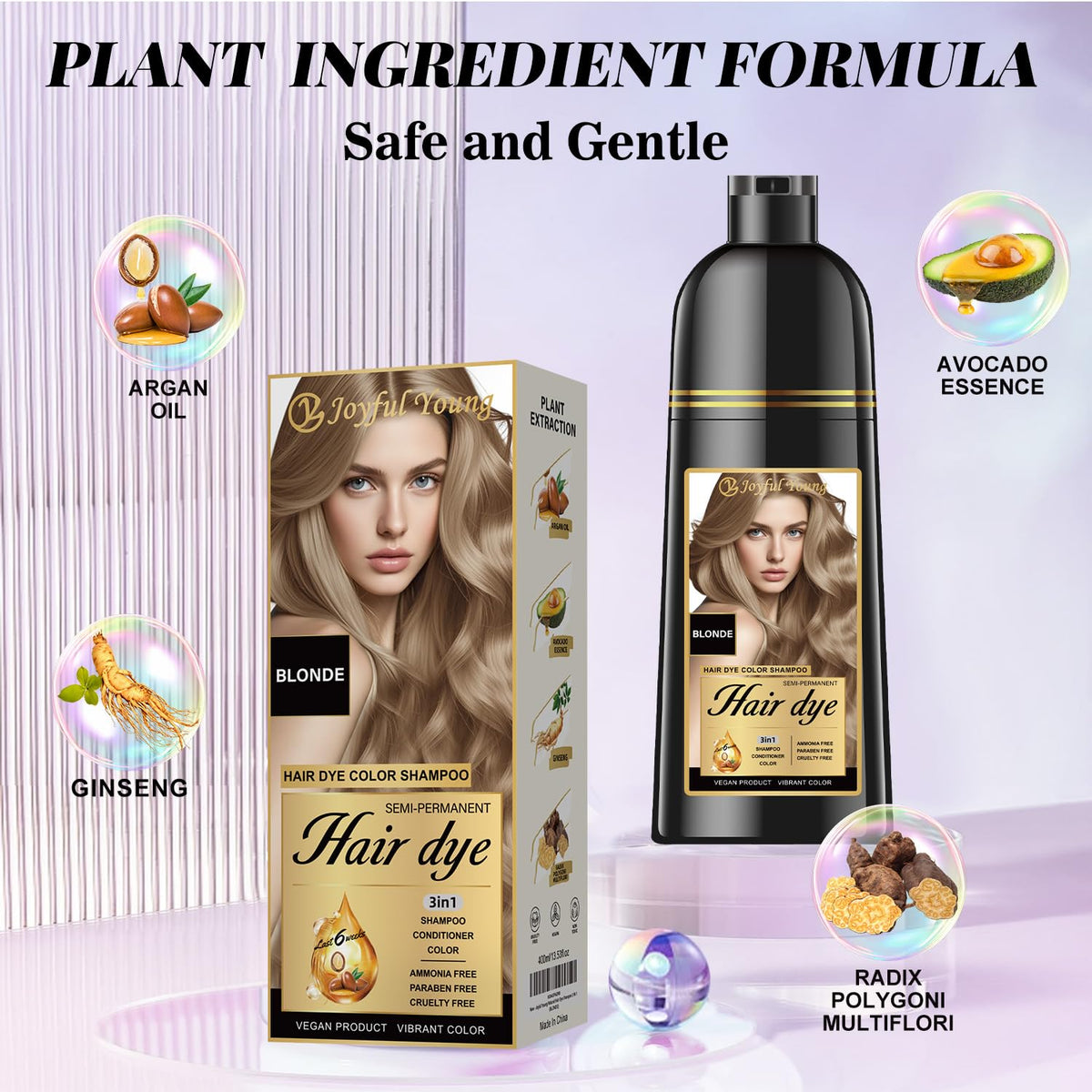 Joyful Young label close-up highlighting vegan ammonia-free formula