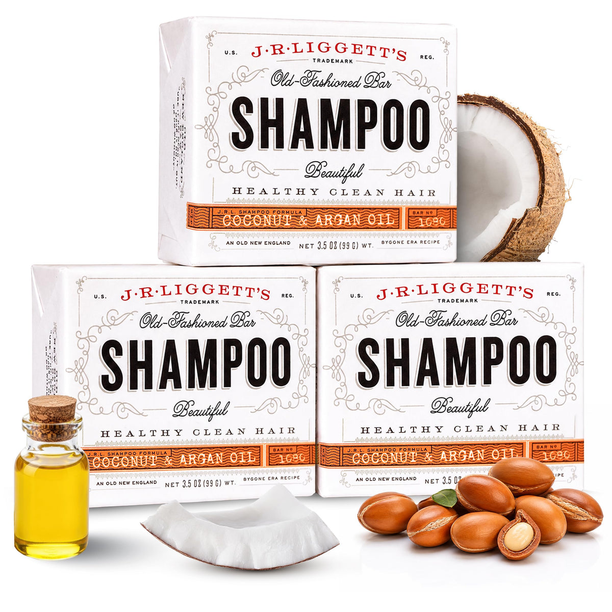 J·R·LIGGETT'S front packaging showing coconut and argan benefits