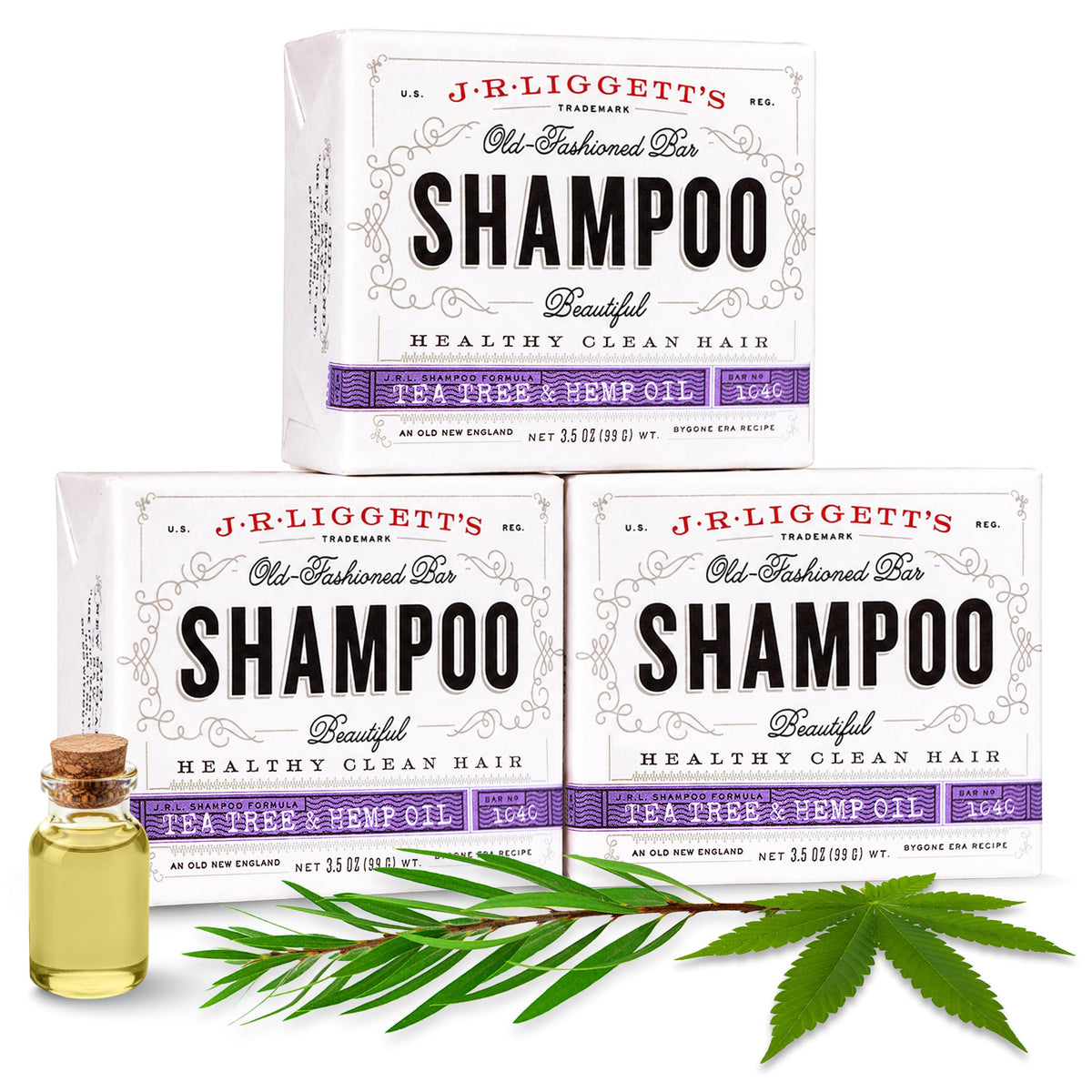 J·R·LIGGETT'S front packaging showing tea tree shampoo bar benefits