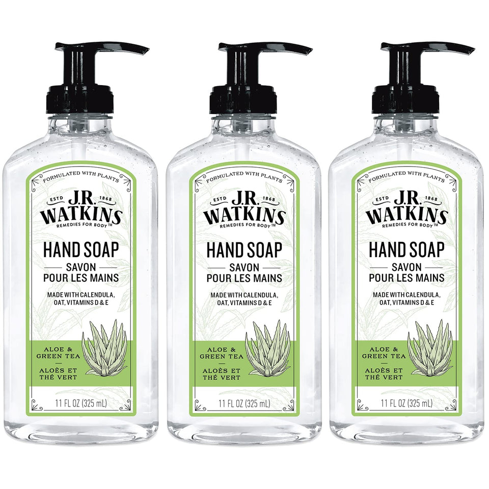 J.R. Watkins front packaging showing aloe green tea scent and three-pack benefit